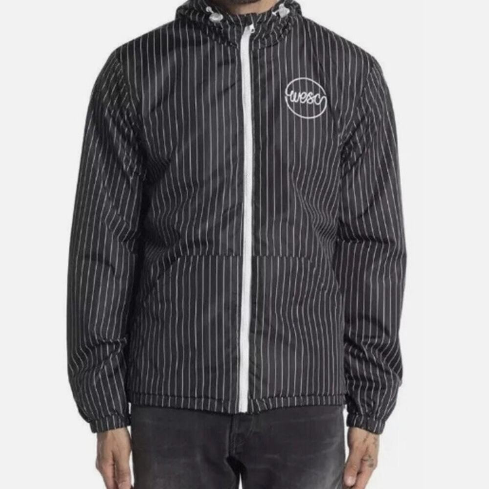 WeSC Pinstripe Hooded Windbreaker Rain Jacket Black White Mens L XXL Streetwear